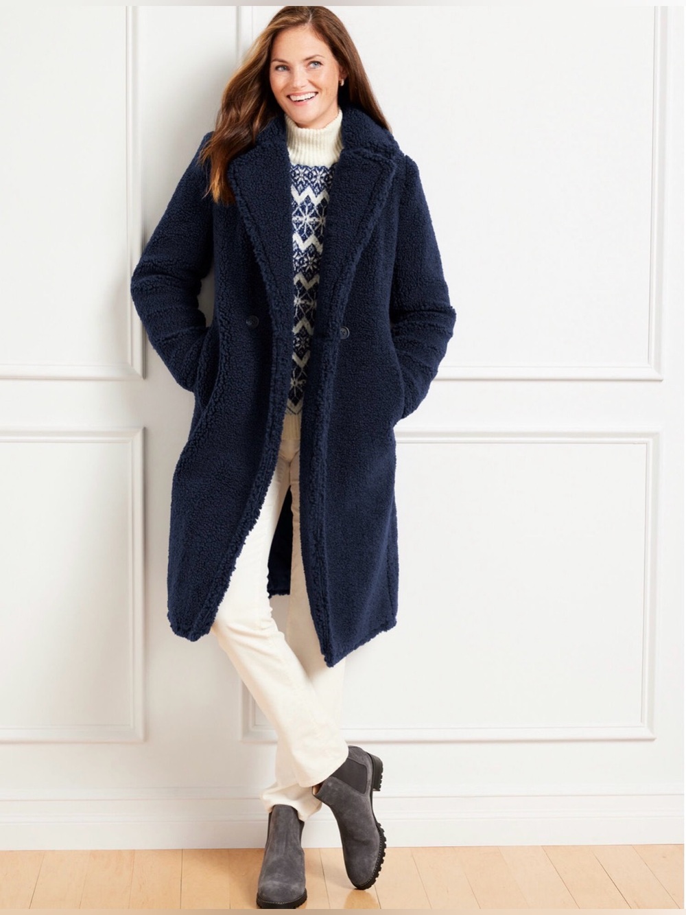 Talbots Sherpa Teddy Long Coat Size XSP Navy Blue Cozy NEW